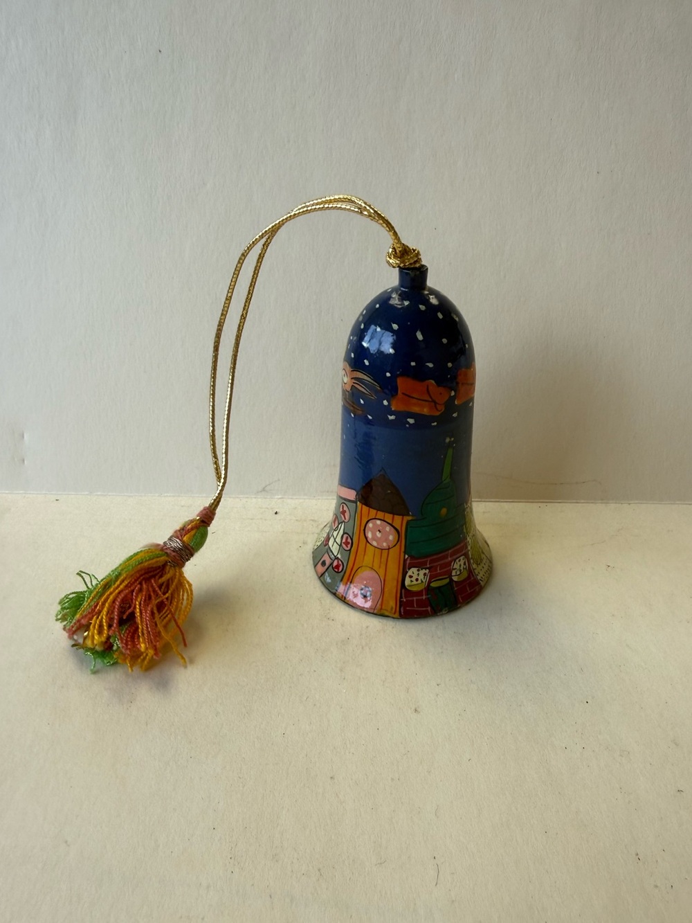 Vintage Hand-Painted Papier Mache Blue Holiday Bell Ornament with Tassel
